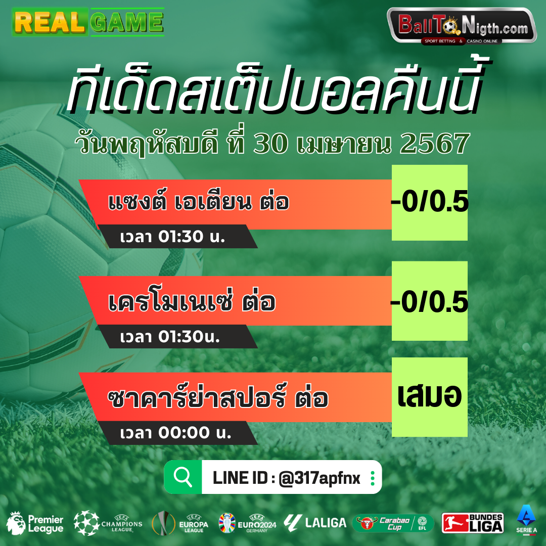 ทีเด็ดบอลคืนนี้ Balltonigth ประจำวันพฤหัสบดีที่ 30 พฤษภาคม 2567