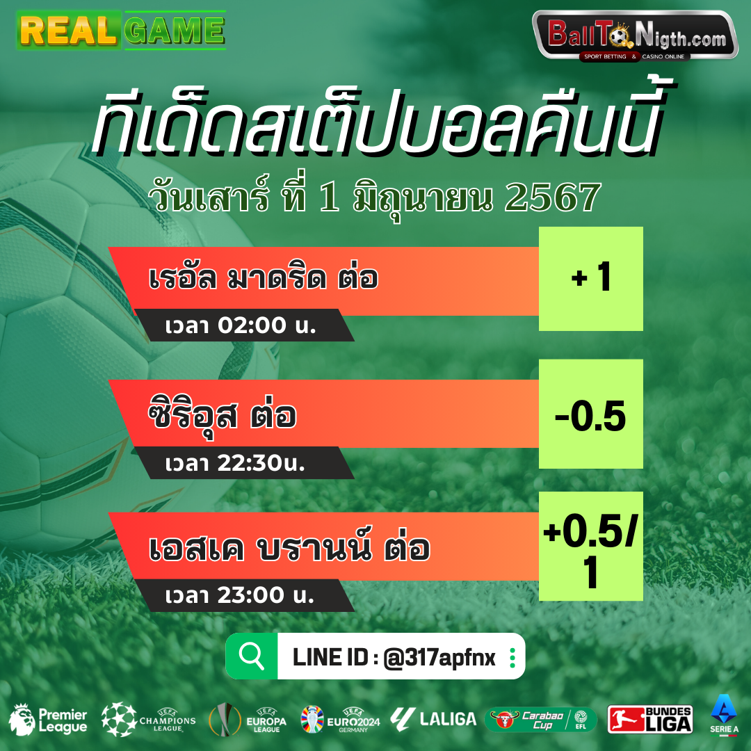 ทีเด็ดบอลคืนนี้ Balltonigth ประจำวันเสาร์ที่ 1 มิถุนายน 2567